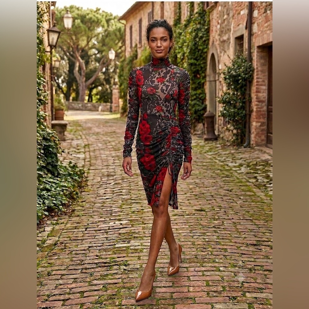 GoodTime USA nwot boutique Sheer Ruched Floral Midi Dress - Red